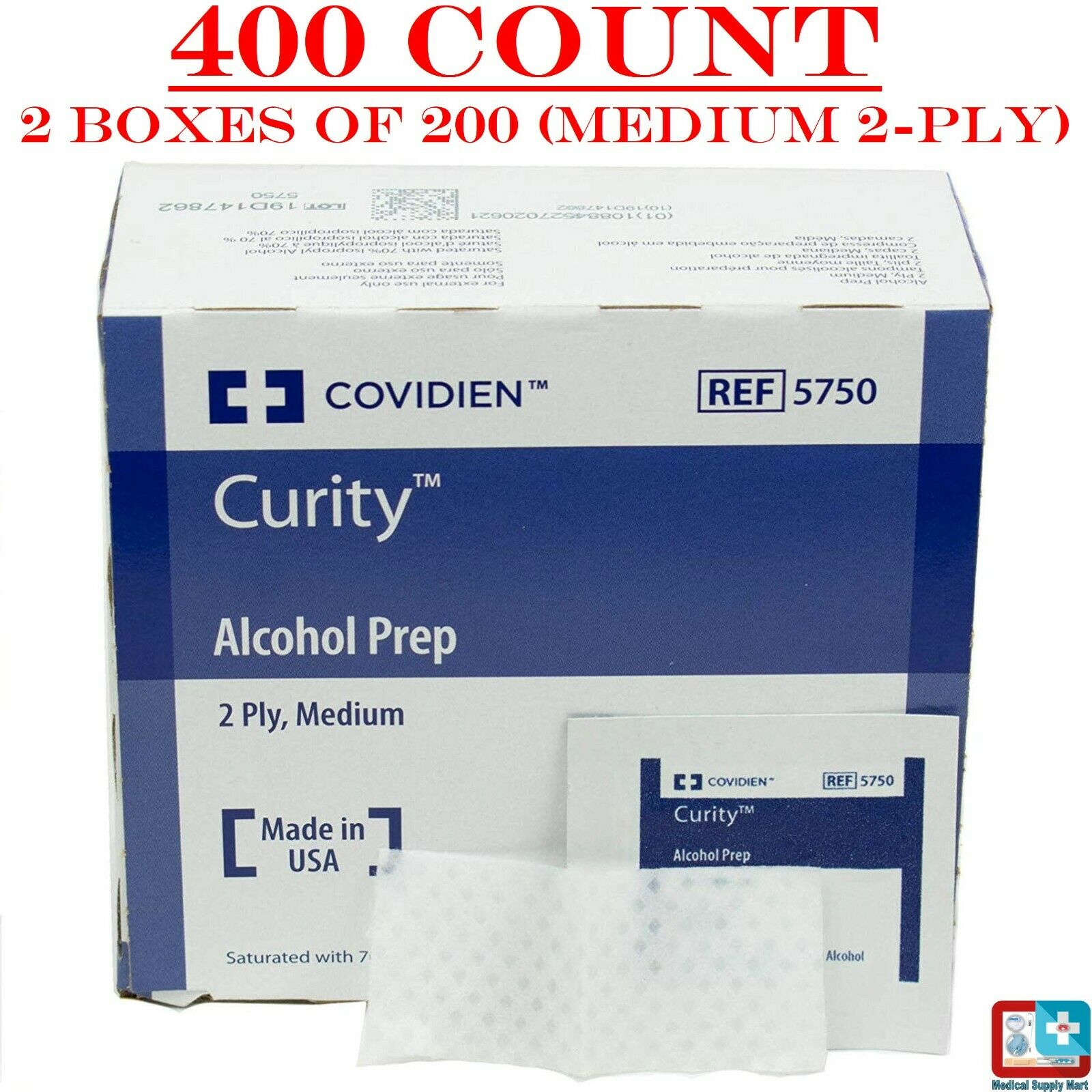 400 Count Sterile Alcohol Prep Pads- Medium 2-ply Size- Curity Covidien 5750