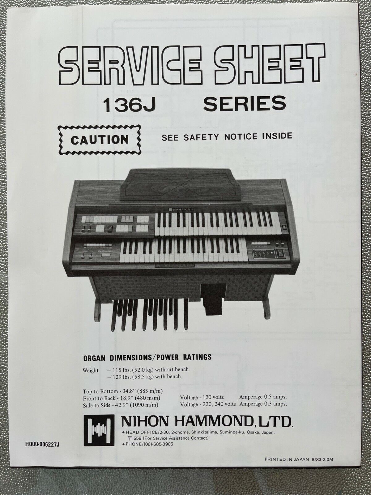 Hammond Organ Service Sheet Model 136j Series